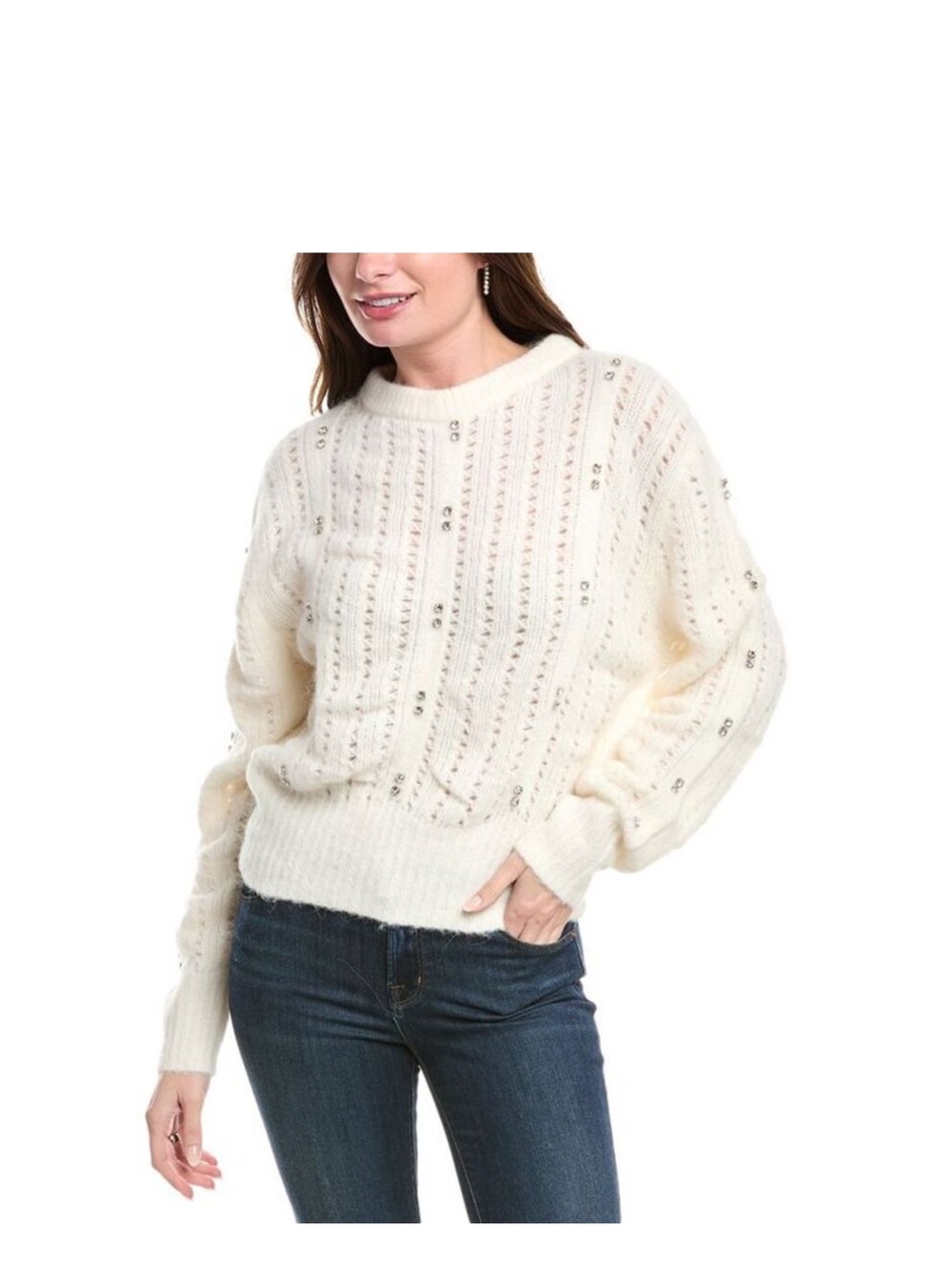 Rebecca Minkoff Cream Crewneck Sweater with rhinestone Accents